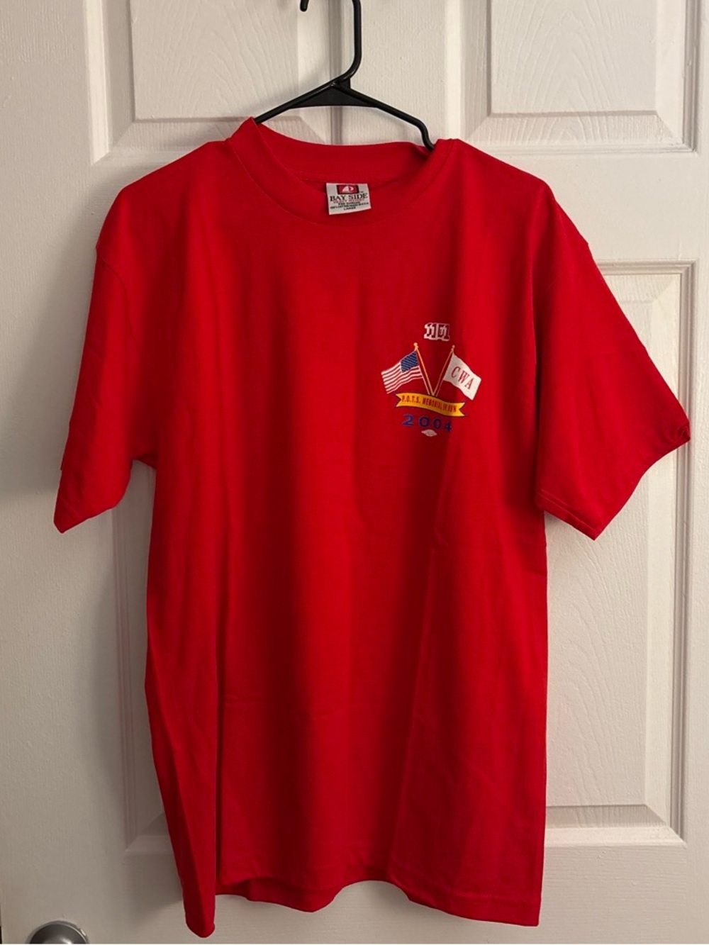 Vintage Large 2004 Bayside Heavyweight Red CWA Labor Union Graphic Tee USA Made